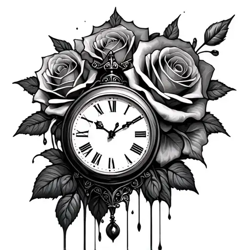 roses clock melting tattoo design idea