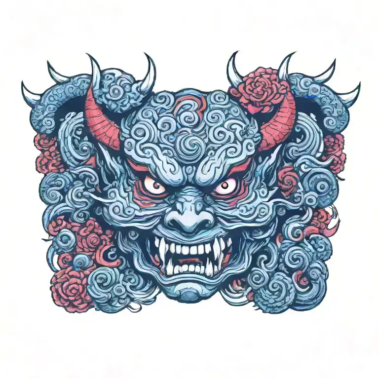 Cosmic horror oni mask tattoo design idea