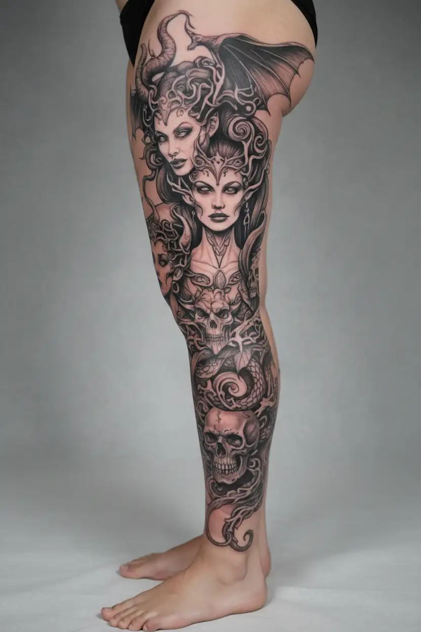 medusa and maleficent protecting a younger tattoo design idea