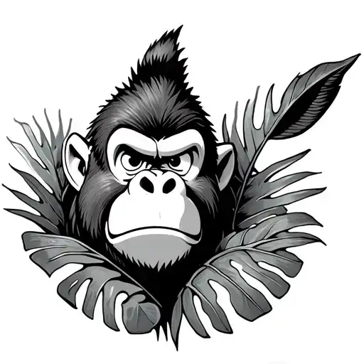donkey Kong with a smug look peeking through monstera leaves tattoo design idea
