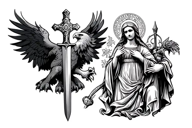 Löwenlag animal with an eagle of a cross mother Maria and a sword tattoo design idea