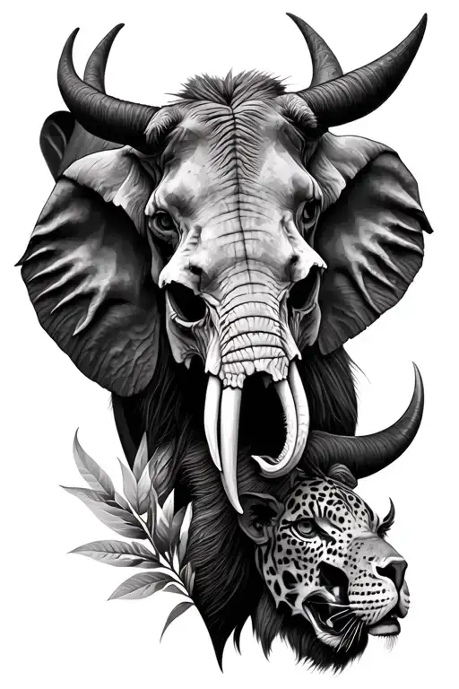 Skulls of the African Big 5 (Lion, Elephant, Buffalo, Leopard and Rhino) tattoo design idea