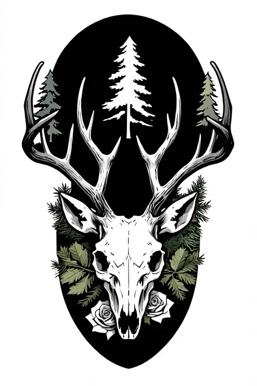 deer skull, pine trees, compasss rose intertwined tattoo design idea