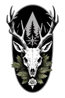 deer skull, pine trees, compasss rose intertwined tattoo design idea