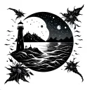 black out sleeve with a moon and a lighthouse shining tattoo design idea
