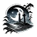 black out sleeve with a moon and a lighthouse shining tattoo design idea