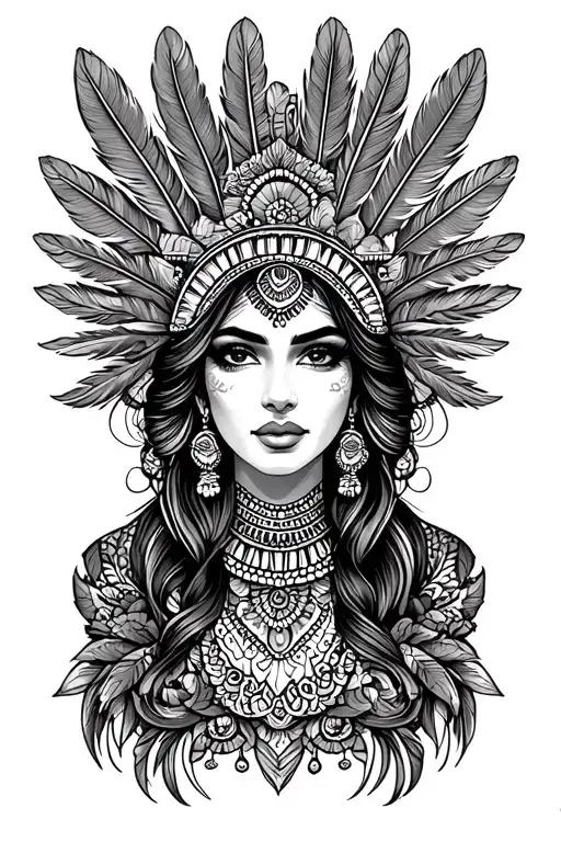 Latina lady face, chicano style, sexy, feathered headdress tattoo design idea