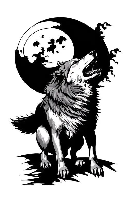 Scottish wolf howling at the moon tattoo design idea