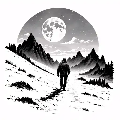 a tattoo about being a popular loner with mountains and moon and a man walking alone tattoo design idea