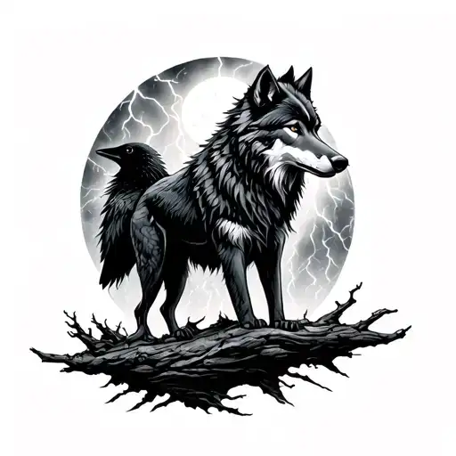 huginn & muninn thunderstorm forest distant wolf tattoo design idea