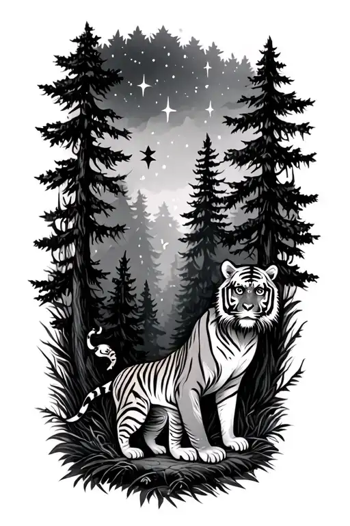 dark forest lots of trees animals stars tigers monkeys tattoo design idea