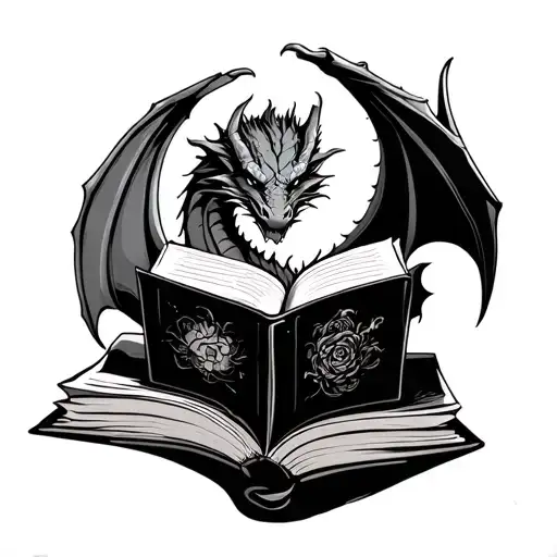 Dragon reading book moon background tattoo design idea