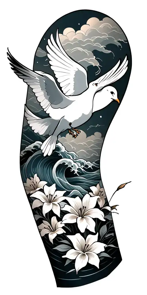 left sleeve japanese clouds and waves , doves and lilies tattoo design idea