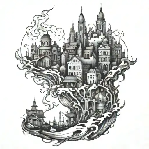 Burning city being held up my people underneath tattoo design idea