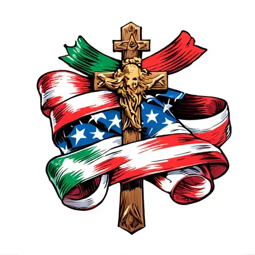 cross wrapped in italian american flags ribbon action tattoo design idea