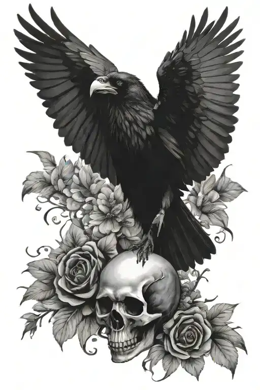 black raven with spreaded wings on top of a skull, surrounded with flowers tattoo design idea
