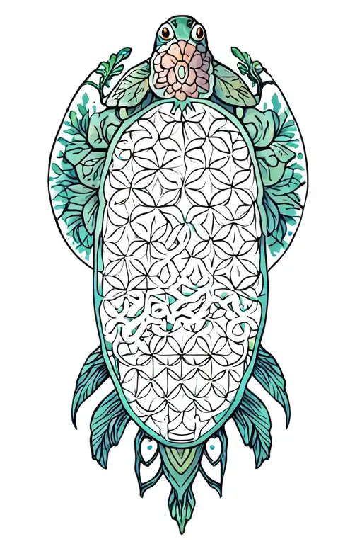 flower of life sea turtle surrounded tattoo design idea