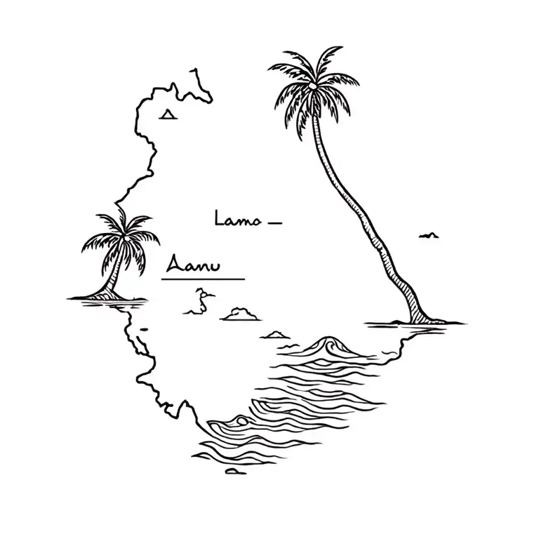 palm tree ,water waves,lamu island map tattoo design idea
