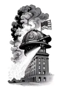 traditional fire helmet, washington dc flag and smoke as background, water being sprayed on burning building tattoo design idea