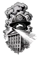 traditional fire helmet, washington dc flag and smoke as background, water being sprayed on burning building tattoo design idea