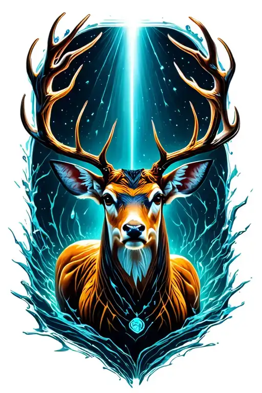 Realistic humanoid deer in dark water, cosmic cracks on body, light beam, sacred geometry shapes above tattoo design idea