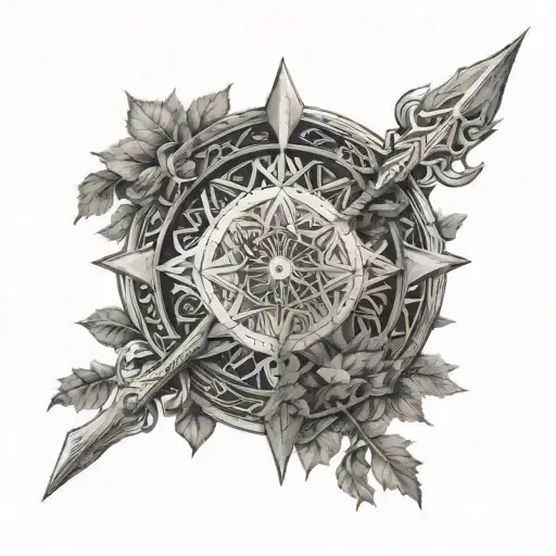 nordic, odins spear with the helm of awe, frigg's distaff crossed over the spear, in front of the tree of life tattoo design idea