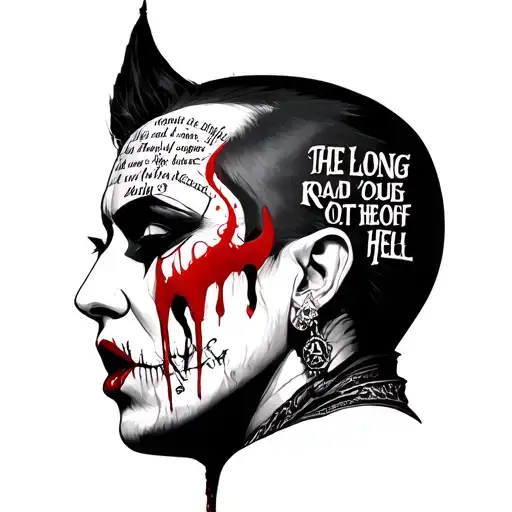 Marilyn Manson portrait using his multiple symbols and song lyrics from The long hard road out of hell. tattoo design idea