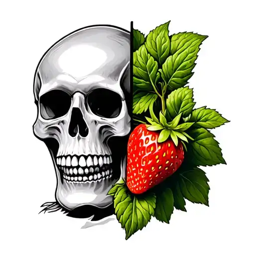 skull with half the face being a strawberry plant tattoo design idea