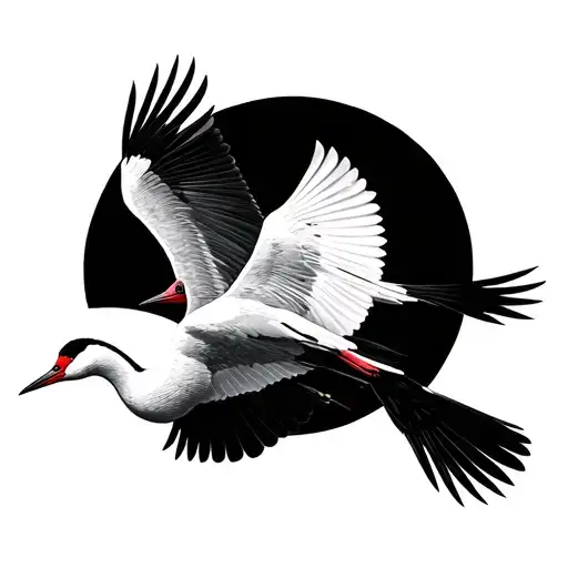 japanese cranes flying towards each other, one above the other, on irregular poses, cery lightly shaded  tattoo design idea