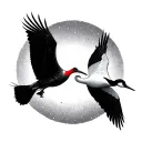 japanese cranes flying towards each other, one above the other, on irregular poses, cery lightly shaded  tattoo design idea