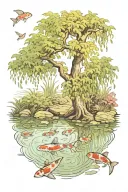 LITTLE KOI POND UNDER A WEEPING WILLOW TREE IN THE COUNTRYSIDE  tattoo design idea