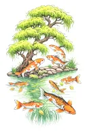 LITTLE KOI POND UNDER A WEEPING WILLOW TREE IN THE COUNTRYSIDE  tattoo design idea