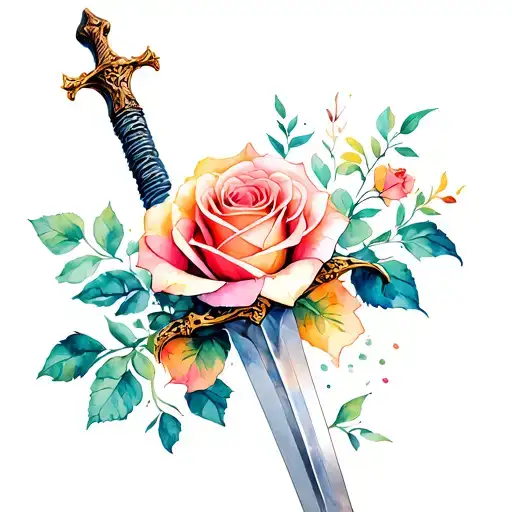 roses sword wrapped tattoo design idea