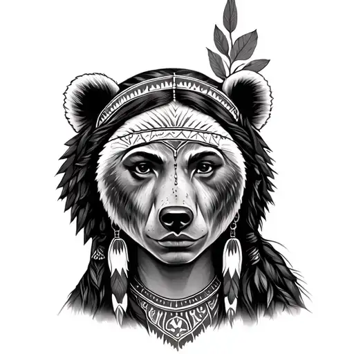 Native American woman with Bear  tattoo design idea