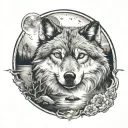 A wolf, behind him a large moon. Below a flowing river wolf. The whole tattoo has a halo around it tattoo design idea