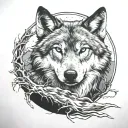 A wolf, behind him a large moon. Below a flowing river wolf. The whole tattoo has a halo around it tattoo design idea
