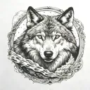 A wolf, behind him a large moon. Below a flowing river wolf. The whole tattoo has a halo around it tattoo design idea