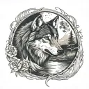 A wolf, behind him a large moon. Below a flowing river wolf. The whole tattoo has a halo around it tattoo design idea
