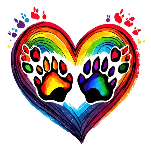 red shaded love heart with rainbow coloured wolf paw prints following a wavey line up to the bottom of the heart  tattoo design idea