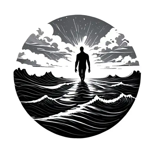 fine line tattoo, lone figure walking on calm ocean waves, abstract flowing lines, infinite horizon, minimalist, timeles tattoo design idea