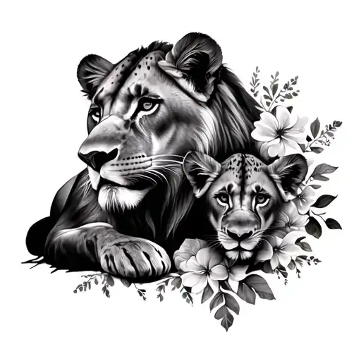 october and december floral lioness and cub resting underneath  tattoo design idea