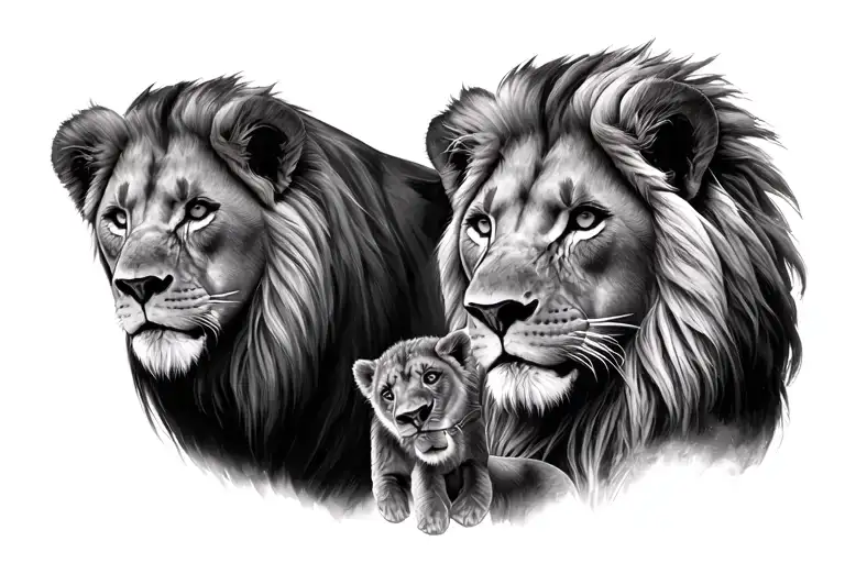 lion male and female with 2 cubs face only tattoo design idea
