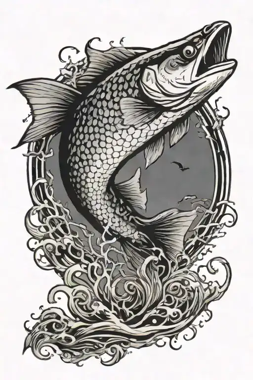 fish jumping in midnight sun tattoo design idea