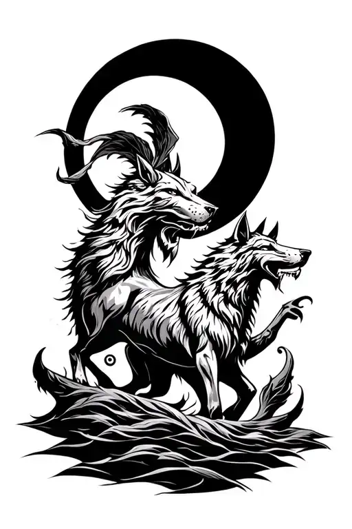 norse tribal skoll and hati chasing the sun and moon tattoo design idea