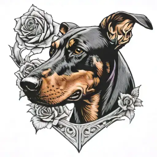 doberman with a rose in its mouth  holding an AR15 tattoo design idea