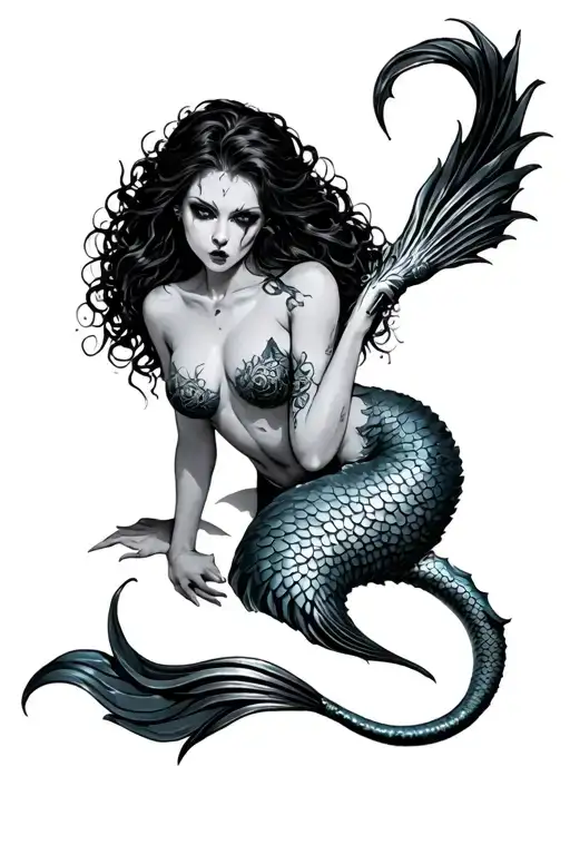 evil mermaid topless goth tattoo design idea