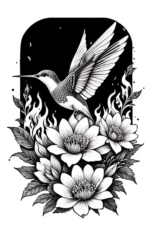 fire with around flowers and humming bird rising  tattoo design idea