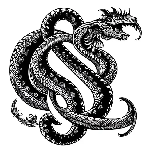 An intricate blackwork design of a Mexican serpent deity intertwined with a dollar sign, symbolizing the power and influence of money in the underworld tattoo design idea