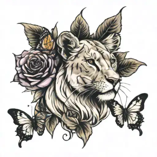 Lioness, Rose, Butterflies tattoo design idea