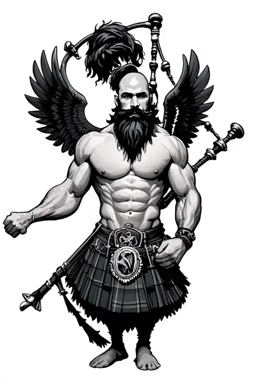 muscular bagpiper bald black beard black wings on his back tattoo design idea